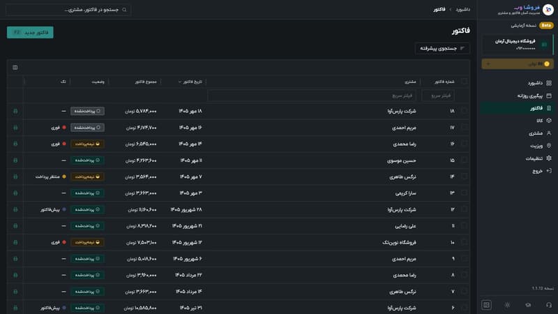 جدول فاکتورها در حالت تاریک
